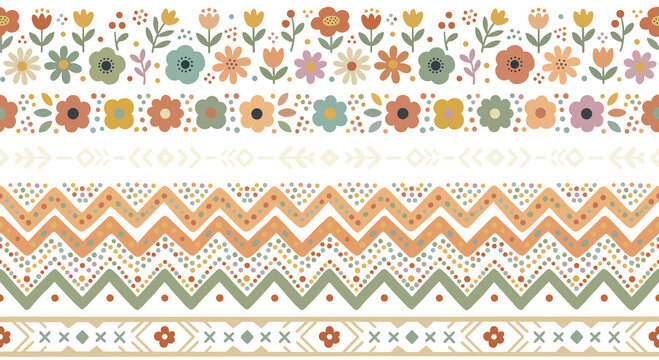 Set of hand drawn ethnic folk art floral borders on transparent background, bohemian botanical seamless dividers, decorative tribal zigzag elements