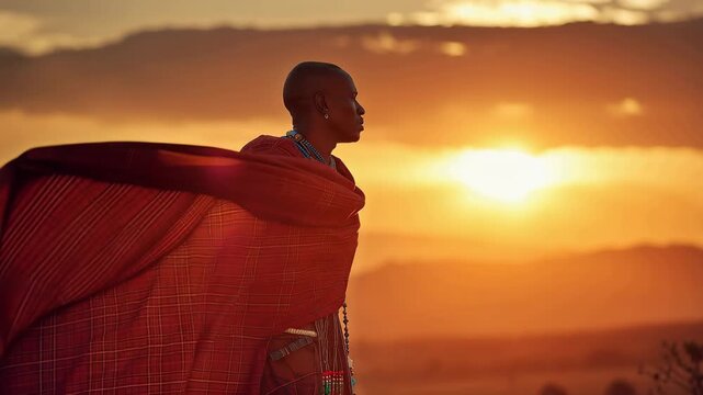 Maasai warrior stands at sunset in traditional red shuka and beadwork with a beautiful landscape in the background