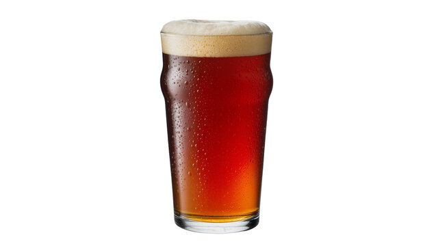 Amber ale beer with frothy head in a pint glass, isolated on transparent background