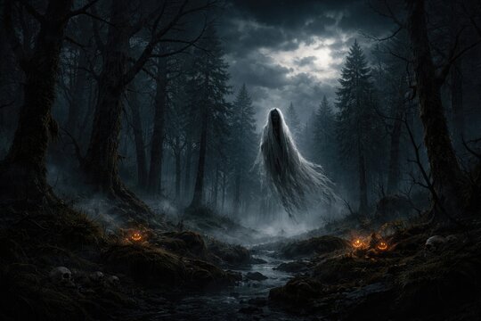 Phantom filled forest landscape under a cloudy Halloween sky