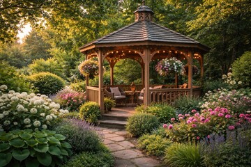 Obraz premium Wooden garden gazebo nestled among flourishing shrubs