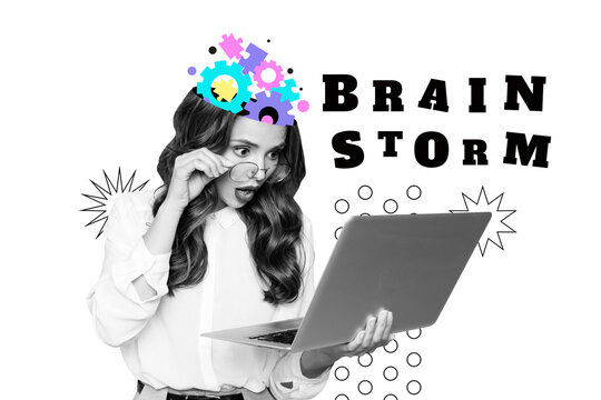 Creative trend collage of&nbsp;young surprised female brainstorm head setting thinking process office work&nbsp;unusual fantasy billboard comics