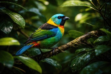 Obraz premium Colorful tanager species resting among dense green foliage