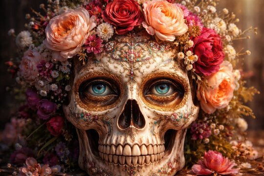 Floral decorated cranium showcasing detailed eye artwork