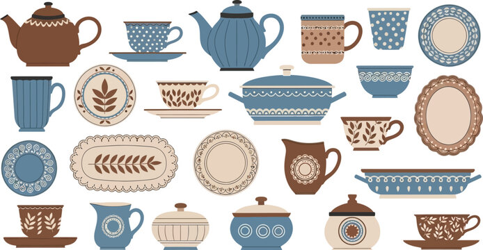 Vintage tea set with cups, saucers, and teapot Vector
