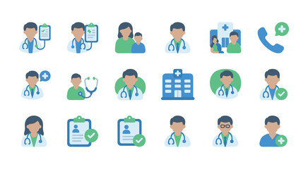 Fototapeta premium A collection of modern flat design icons representing various aspects of healthcare, including doctors, patients, hospitals, and medical communication.