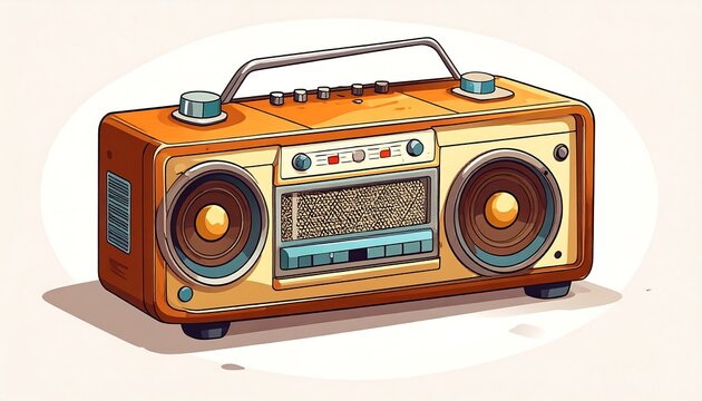 Retro-style boombox, orange and cream, with a silver handle, against a soft pinkish oval background