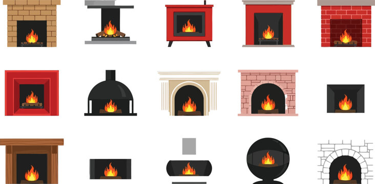 Colorful fireplace designs with burning flames Vector