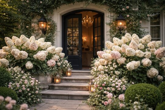 Full bloom panicle hydrangeas lending romantic elegance to residential entrance
