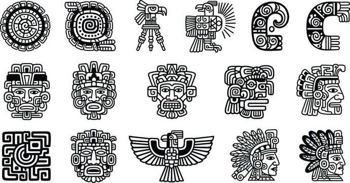 Ancient mesoamerican glyphs and symbols collection Vector