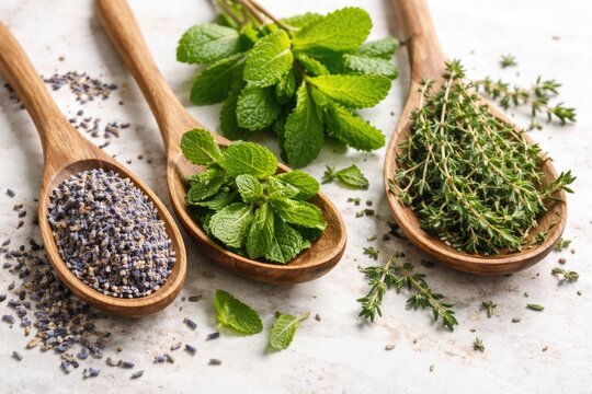 Display of tea herbs such as dried lavender, fresh mint, and thyme in wooden spoons against white background