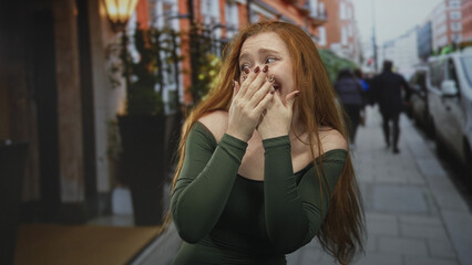 Fototapeta premium Young redhead woman covering mouth with hands on a street sidewalk in front of buildings and parked cars, wearing green dress; surprise vulnerability.