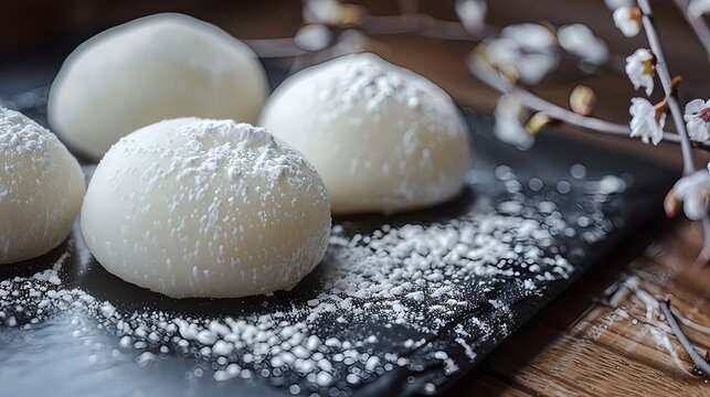 粉雪のような粉がまぶされた白い大福と春の花の和菓子背景 - お花見、和スイーツ、春のイベント、日本文化の紹介に