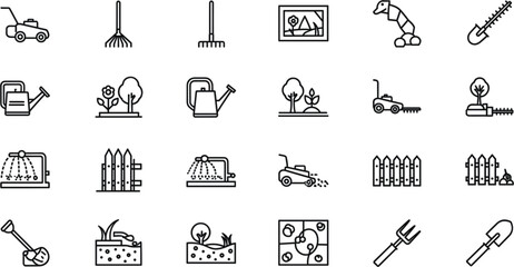 Fototapeta premium Gardening and landscaping tool icon set with lawn mower rake and watering can in clean black line art style