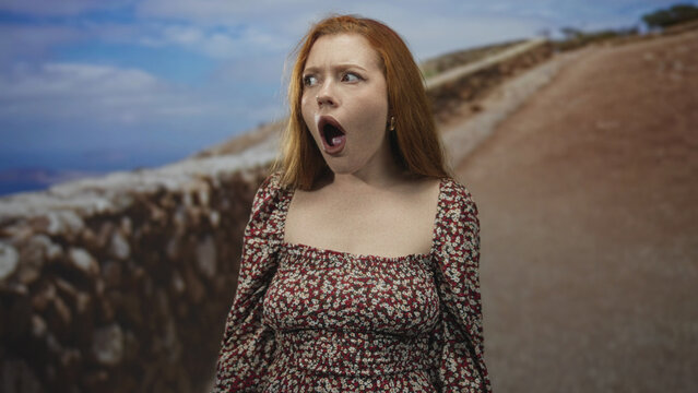 Woman with mouth open and hands raised in studio, wearing smocked floral dress, freckled face and auburn hair against stone wall and coastal path backdrop; surprise moment.