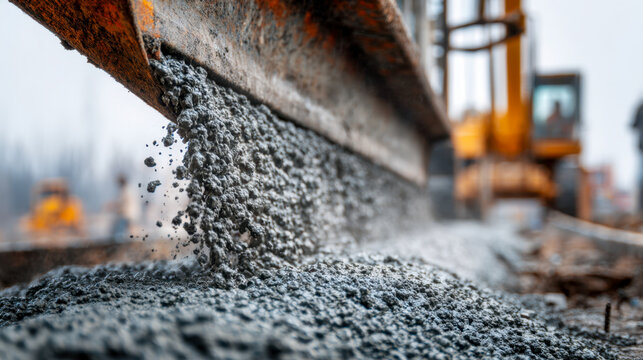 Freshly mixed concrete being poured from a rusty chute onto a construction site with blurred heavy machinery in the background for building foundations and infrastru