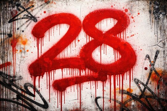 Street art aesthetics with bold red spray painted numbers and dripping paint on a textured white surface