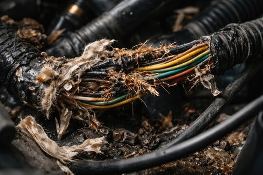 Tight close-up of car cable harness with evidence of rodent infestation