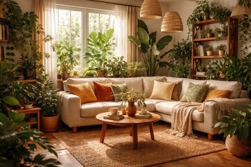 Obraz premium Warm and natural living room packed with thriving plants and soft furnishings