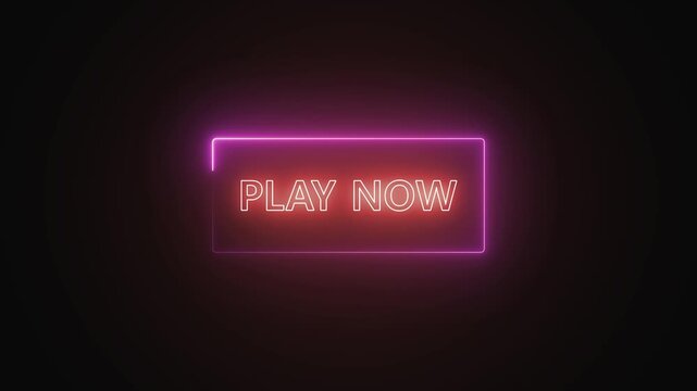 Play now button animation with neon glow. Play now button digital media symbol. Play now button technology interface graphic on black.