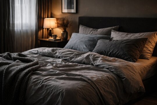 Dark bedroom setting with soft cotton grey sheets adding design appeal