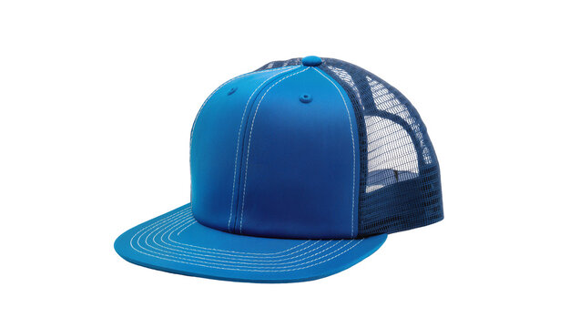 Blue trucker cap with flat brim and white stitching, isolated on transparent background