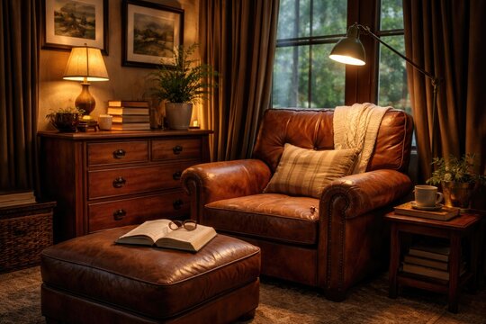 Warm study corner showcasing a leather armchair paired with wooden drawers