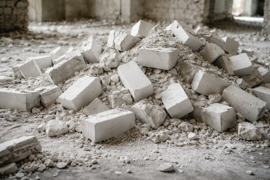 Discarded white AAC brick blocks debris after renovation project