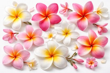 Obraz premium Varied frangipani flowers in distinct shapes and tones placed on white background presenting natural flower diversity and charm