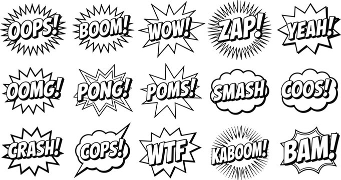 Colorful comic speech bubble vector illustrations with expressive words, sound effects, bold typography, and dynamic artwork