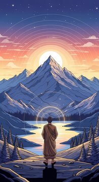 Serene mountain landscape with peaceful monk.