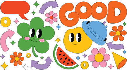 Vector illustration of cheerful cartoon elements with text “GOOD” representing positivity and whimsical design themes © Creative Stoker