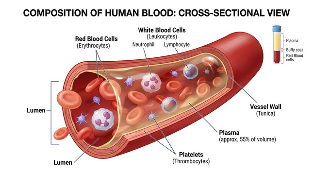 Composition of human blood cross‑sectional view showing lumen filled with plasma, red and white blood cells and platelets inside a vessel wall, with clear labels for each formed element and approximat