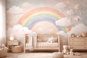 Fototapeta premium Trendy nursery wallpaper featuring soft pastel rainbow and playful cloud artwork