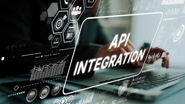Modern Technology Concept with API Integration and Data Analysis on a Laptop Screen in a Business Setting. Asymptotic smart data analytic.