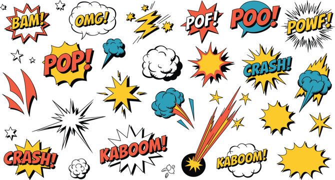 Vector illustration of colorful comic sound effects with explosive shapes representing action and pop art themes