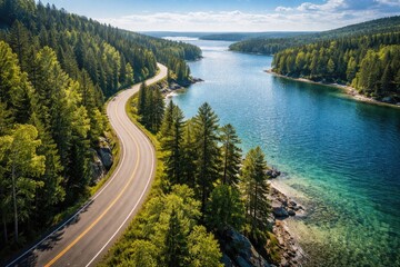 Obraz premium Summer aerial imagery of a winding road beside lush green woods and sparkling coastal lakes