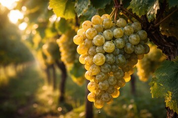 Naklejka premium Tight view of ripe white Savagnin grapes prepared for harvest in healthy vineyard environment
