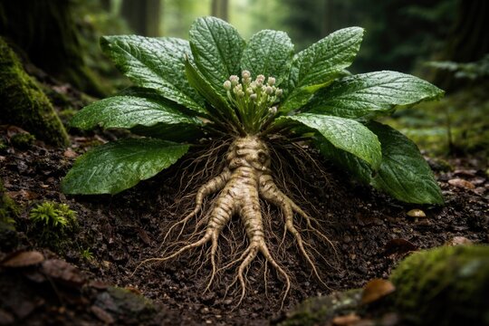 Woodland scene showing Mandragora officinarum with healthy green leaves and intricate roots