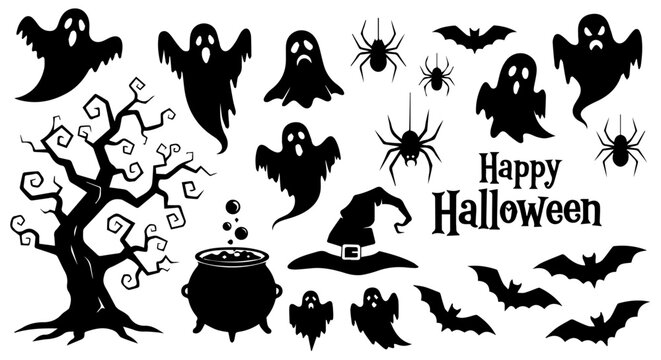 Black silhouettes of Halloween characters and objects on white background