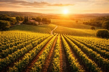 Naklejka premium Summer vineyard seen from above glowing softly in warm sunset tones