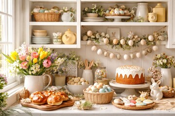 Naklejka premium Easter celebration kitchen setup showcasing white shelves filled with kitchenware