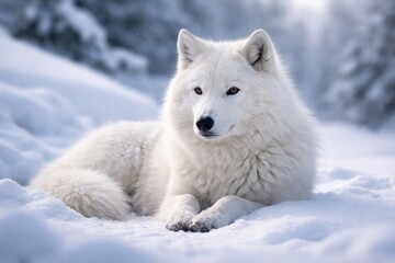 Naklejka premium Tranquil white wolf resting alone on snowy terrain