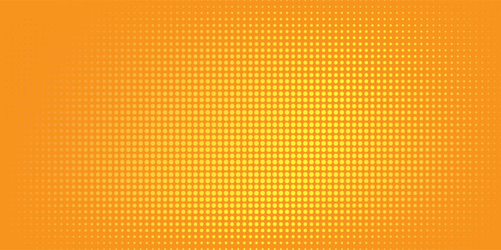 Abstract yellow and orange halftone background with bright sunburst dot gradient for summer design. Vector Eps 10