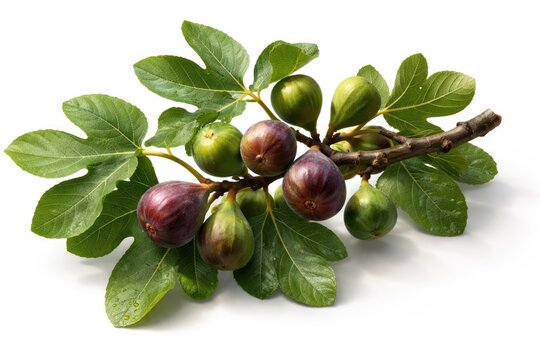 Detailed fig tree limb with fresh figs and lush leaves on white surface