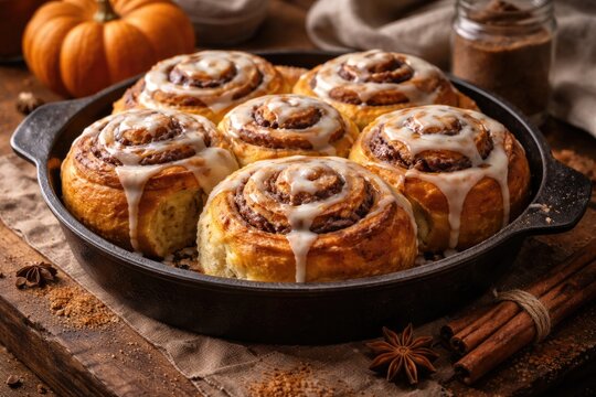 Sweet pumpkin cinnamon roll freshly baked and placed on a wooden countertop