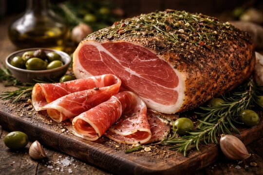 Seasoned raw ham featuring Italian prosciutto crudo with olive and rosemary herbs