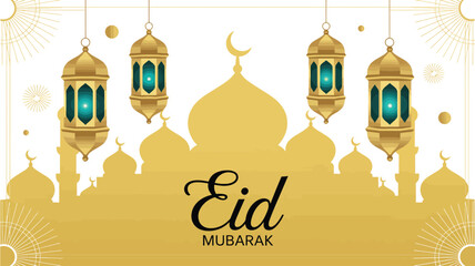 Eid celebration illustration with lanterns and mosque Vector © MDIMRAN
