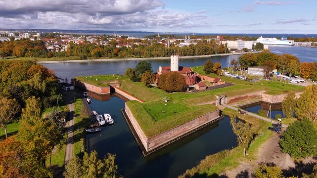 Wisloujscie fortress in autumnal scenery in Gdansk, Poland. Aerial view