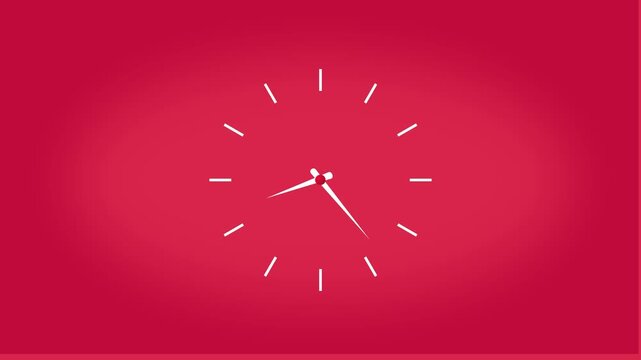 Minimalist clock animation on red background. Minimalist clock white hands display. Minimalist clock technology graphic on black background.